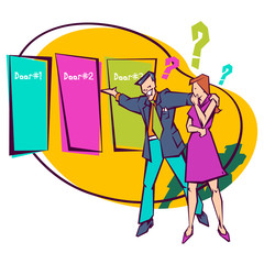 A game show host offers a female contestant the decision of which door to choose.
