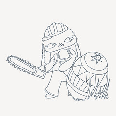 Cartoon Easter bunny opening an egg by chainsaw.