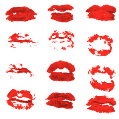 Different women's lips vector icon set isolated from background. Red lips close up girls. Shape sending a kiss, kissing lips. Collection of women's mouths and multicolored lips symbol.