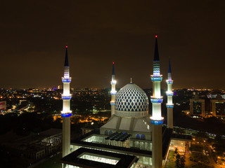 Mosque at night - Sultan Salahuddin Abdul Aziz Shah Mosque - Aerial View.