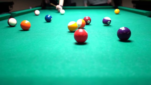 Above Whole Pool Table View, Billiards Player Send Powerful Shot And Misses