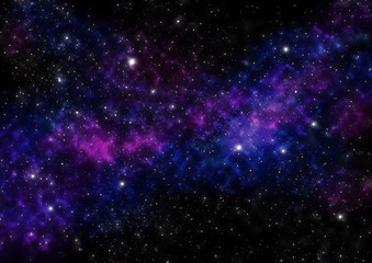 Night Sky with Stars and Blue Purple Nebula. Space Background.