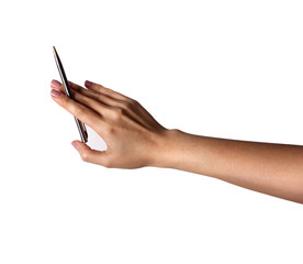 Female hand holding a pen as a pointer on a white background