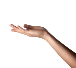 A female hand outstretched beckoning isolated on a white background.