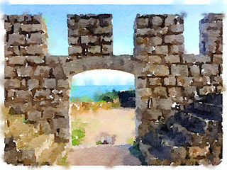 Digital watercolor painting of a stone castle wall with a door opening showing a view of the sea in Sesimbra, Portugal. With space for text. - 138138533