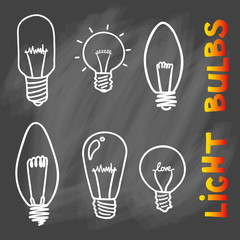 Light bulbs icon set. concept of big ideas inspiration, innovation, invention, effective thinking. CFL lamp.  Isolated. Vector illustration.  Idea symbol. Vector. sketch . On chalk background