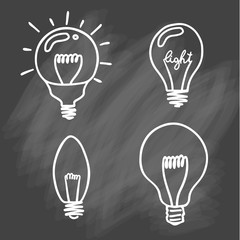 Light bulbs icon set. concept of big ideas inspiration, innovation, invention, effective thinking. CFL lamp.  Isolated. Vector illustration.  Idea symbol. Vector. sketch . On chalk background