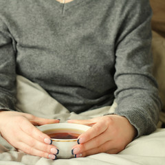 Fototapeta na wymiar Female hands holding a cup of hot tea on warm blanket.