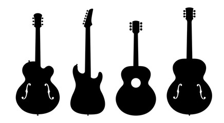 Vector Illustration Of Four No Name, No Brand, Imaginary Jazz Guitar Silhouettes.