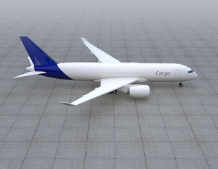Cargo airplane taxiing on the runway. 3D rendering image.