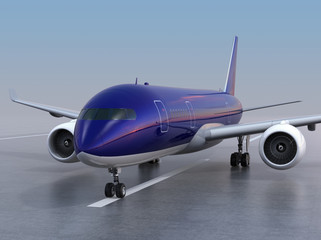 Naklejka premium Passenger airplane taxiing on the runway. 3D rendering image.