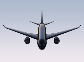 Front view of passenger airplane flying in the sky. 3D rendering image.