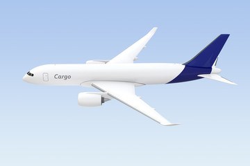 Side view of cargo airplane isolated on light blue background. 3D rendering image.