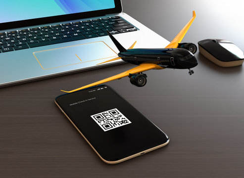 Passenger plane taking off from smart phone. Mobile airlines check in concept. 3D rendering image.
