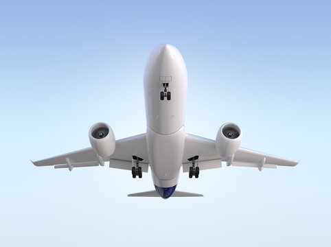 Front view of passenger airplane flying in the sky. 3D rendering image.