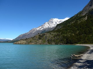 Secluded bay on a beautiful lake at the base of the Mountains of Torres del Paine in southern Chile. 