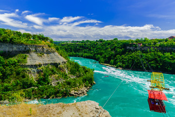 View of Niagara Falls river with tourists in background riding through the air in an cable car,...
