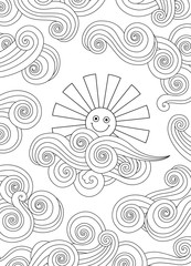 Contour image of smiling sun and clouds doodle style. Vertical composition.