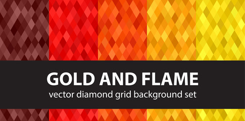 Diamond pattern set "Gold and Flame". Vector seamless geometric backgrounds