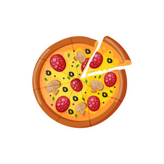 Hot fresh pizza slice icon vector illustration.