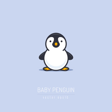 Baby penguin illustration in flat linework style 