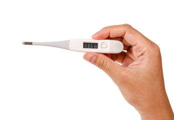 Electronic thermometer in hand.