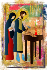 Holy family of Jesus, Mary and St Joseph the worker. Artistic abstract religious design. © t0m15