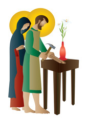 Holy family of Jesus, Mary and St Joseph the worker. Artistic abstract religious design.