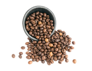 Roasted Coffee Beans Scattered out of the Black Bowl Isolated