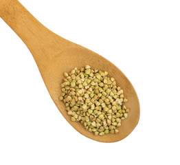 Dry Green Buckwheat Grain in Wooden Spoon Isolated