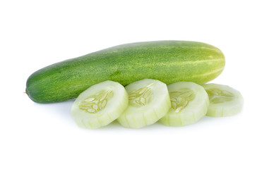 whole and sliced fresh cucumber on white background