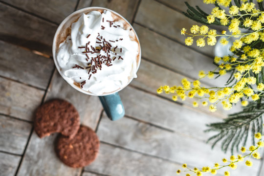 Top view of Cream cocoa and cookies on a wooden table with mimosa.
