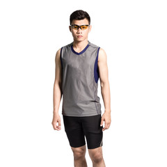 Fototapeta premium Portrait of an asian sport man wearing sunglasses and sportswear. Isolated on white background