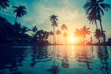 Silhouettes of palm trees reflected in the water on a tropical beach at dusk.