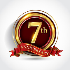 7th anniversary logo with ring and ribbon golden colored isolated on white background, vector design for greeting card and invitation card.