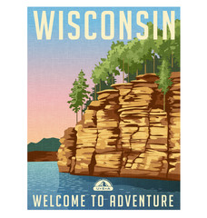 Wisconsin travel poster. Vector illustration of sandstone bluffs on the Wisconsin River.  - obrazy, fototapety, plakaty