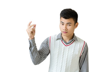 Portrait of a young businessman snapping his finger. Isolated on white background with copy space