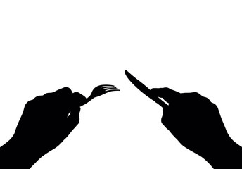 hands with knife and fork on a white background, vector silhouette