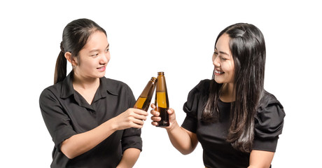 portrait of beautiful young asian business woman with bottled beer cheering. Isolated on white background with copy space