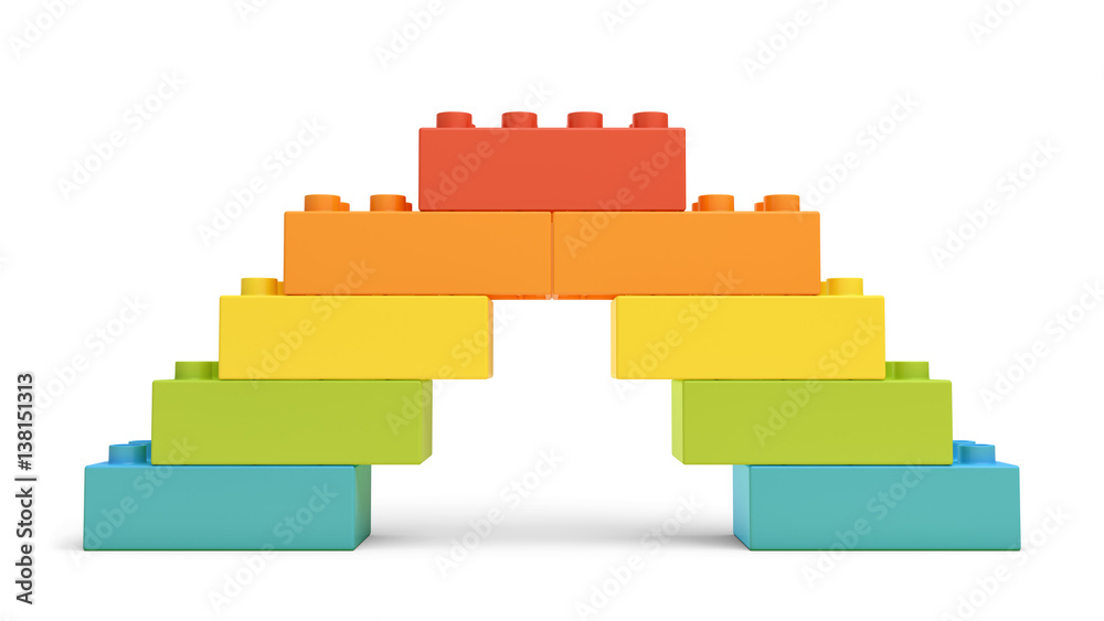 Poster 3d rendering of multi-colored toy blocks making up a rainbow bridge.