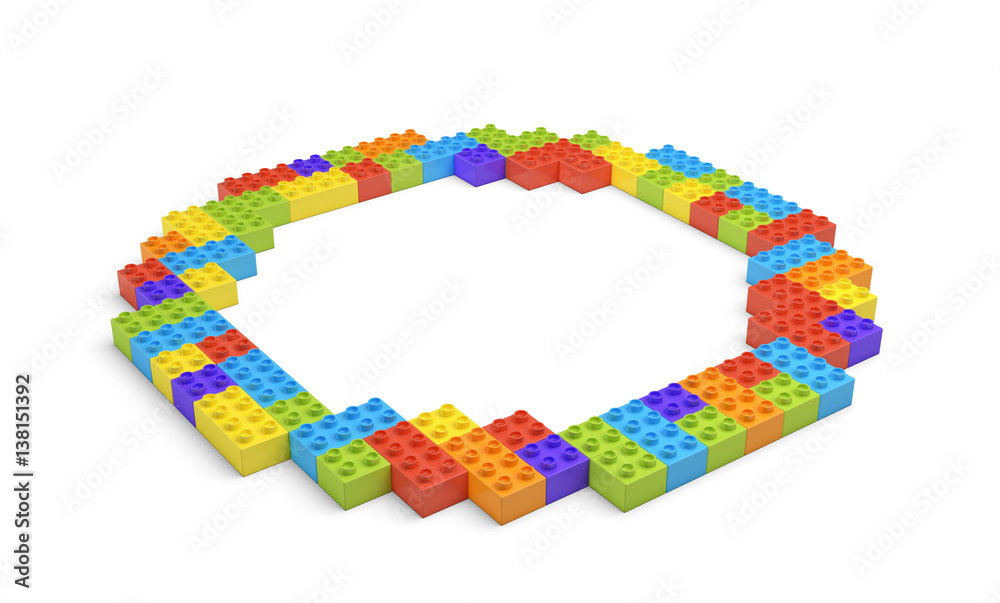 Poster 3d rendering of many building blocks in different colors making up one hollow round shape in side vi