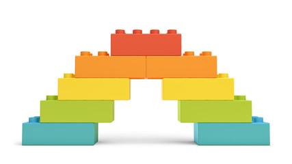 Fototapeta premium 3d rendering of multi-colored toy blocks making up a rainbow bridge.