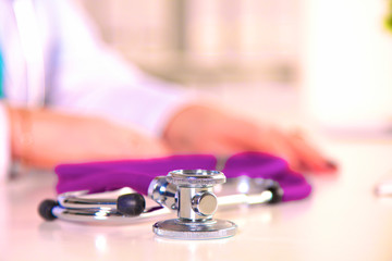 close up medical stethoscope on a white background