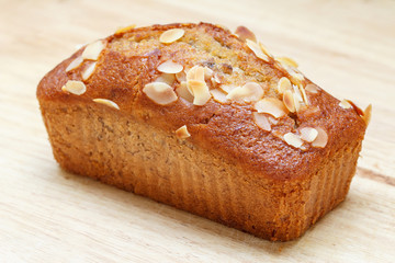 Slice Homemade almond banana bread cake 