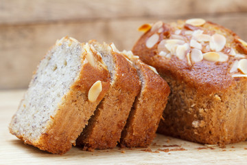 Slice Homemade almond banana bread cake 