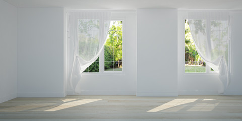 Empty White room with garden view from window. Scandinavian interior design. 3D illustration modern room.