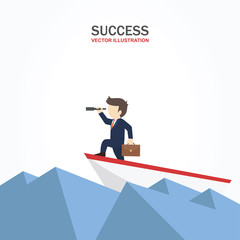 Businessman on a ship in the sea looking into the telescope. Success concept.