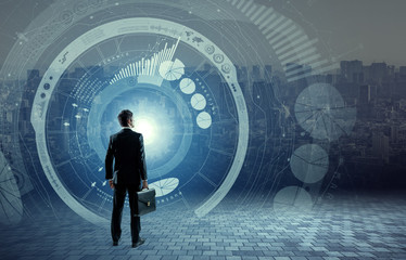 business person back view and futuristic interface, smart city, internet of things, information...