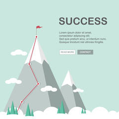 Landscape with flag on the mountain. Success in business. Vector illustration.