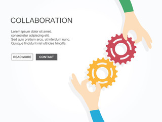 Fototapeta premium Two hands holding gears together. Teamwork, partnership, business, cooperation and management concept.